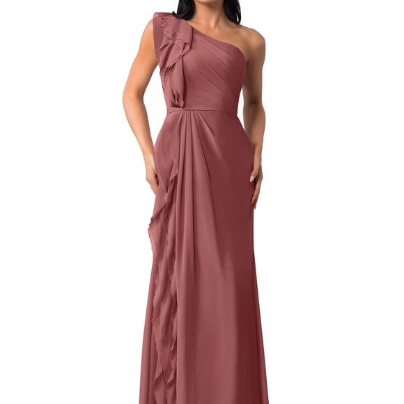 AZAZIE SHARON A-Line One Shoulder Chiffon Floor-Length Dress Amethyst - Picture 1 of 8